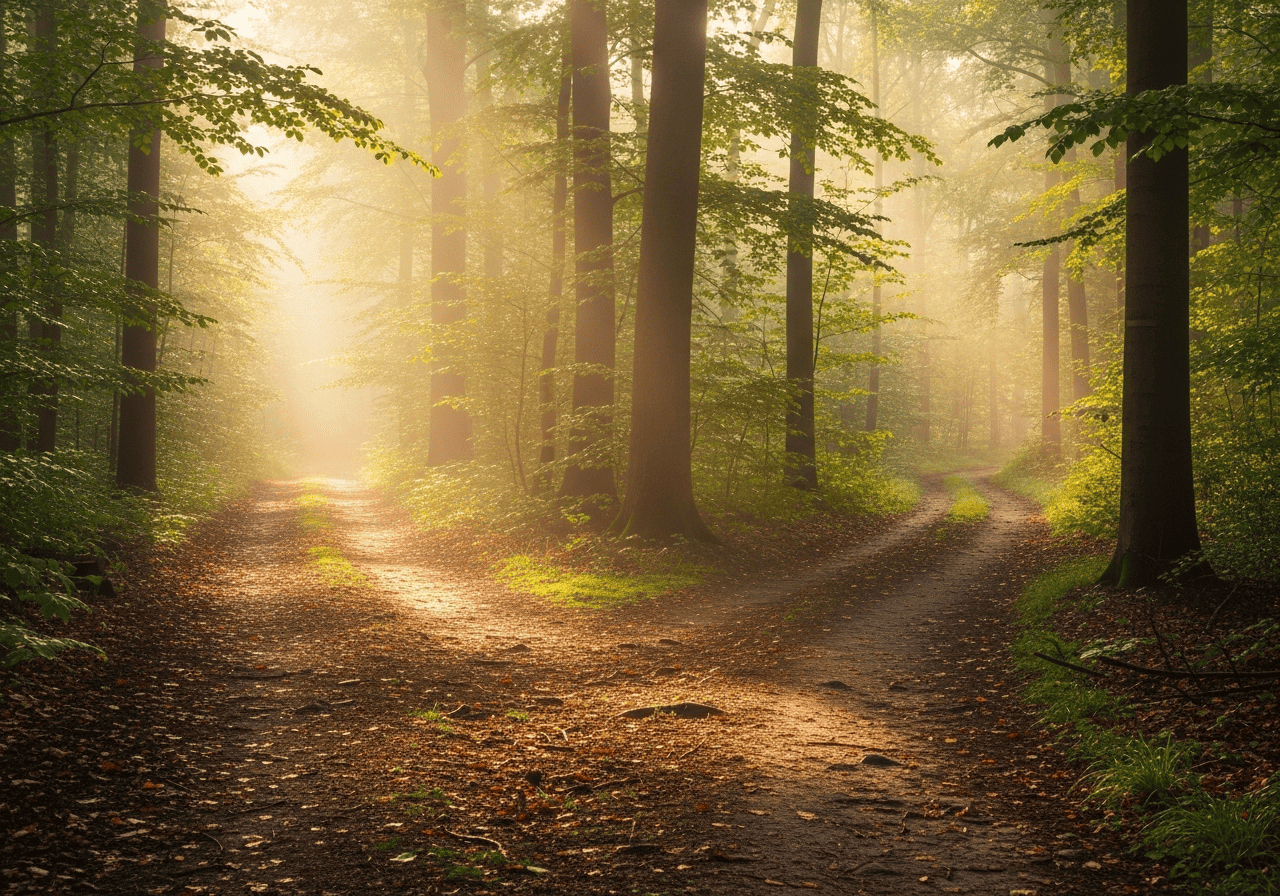 Wegkreuzung in einem Wald mit weichem Morgenlicht zwischen den Bäumen.