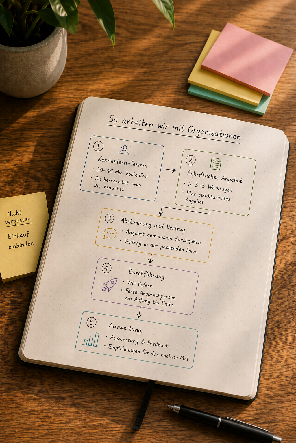 Handschriftliche &Uuml;bersicht zum Ablauf der Zusammenarbeit mit Organisationen in einem offenen Notizbuch auf einem warm beleuchteten Holztisch