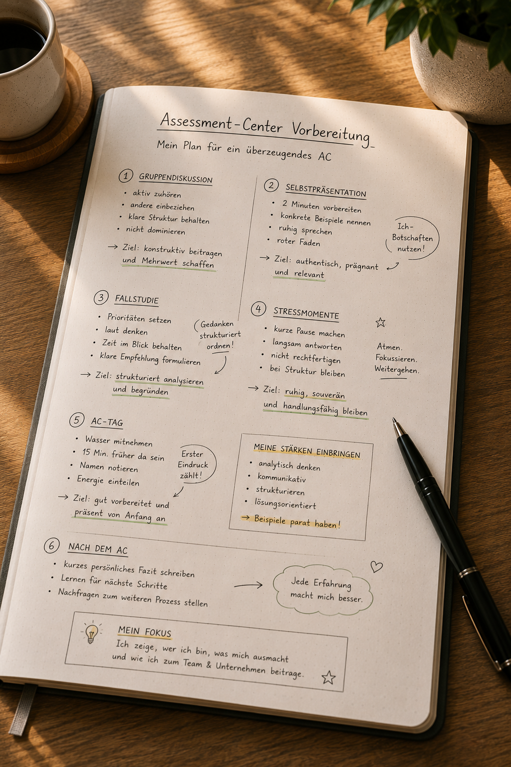 Aufgeschlagenes Notizbuch mit handschriftlichen Notizen im Tageslicht.