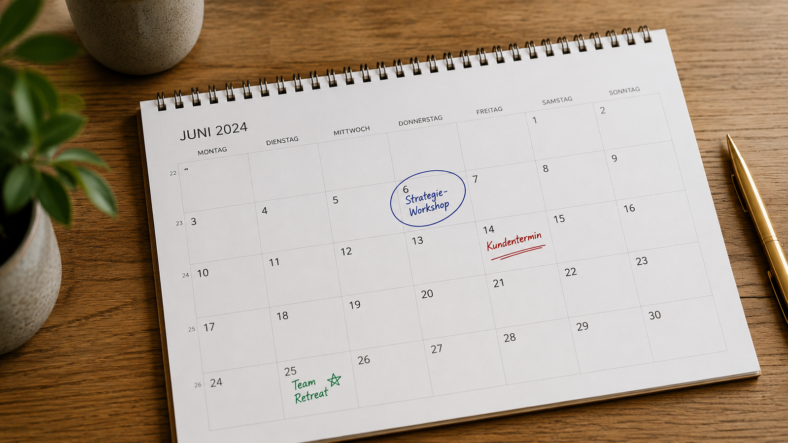 Aufgeschlagener Kalender mit mehreren markierten Terminen.