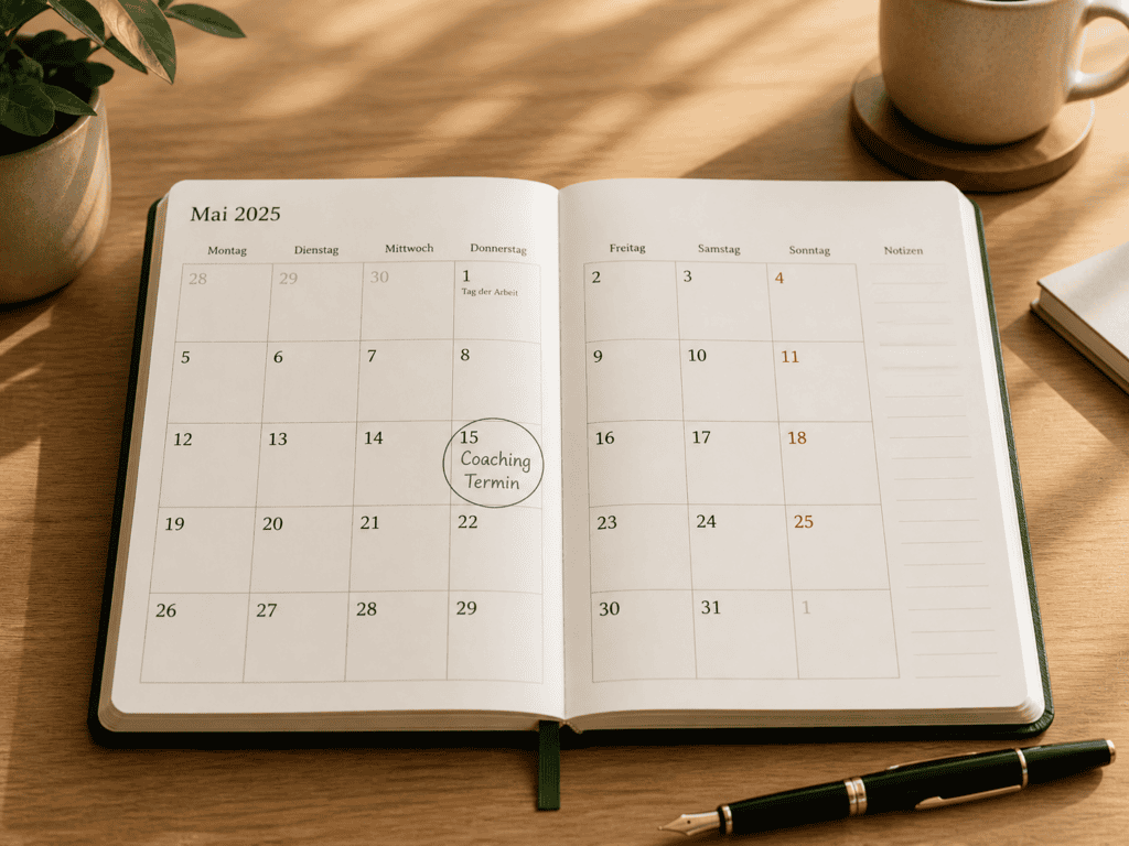 Aufgeschlagener Kalender mit markiertem Termin und Füller.