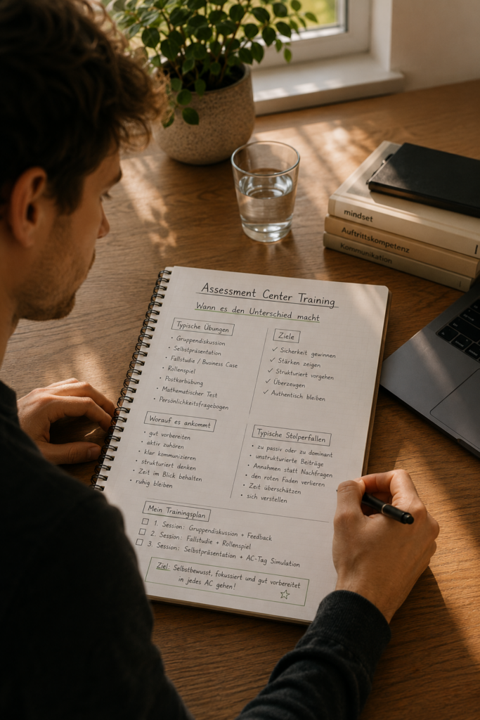 Person bereitet sich mit handschriftlichen Notizen und Assessment-Center-Unterlagen an einem warm beleuchteten Schreibtisch auf ein AC-Training vor