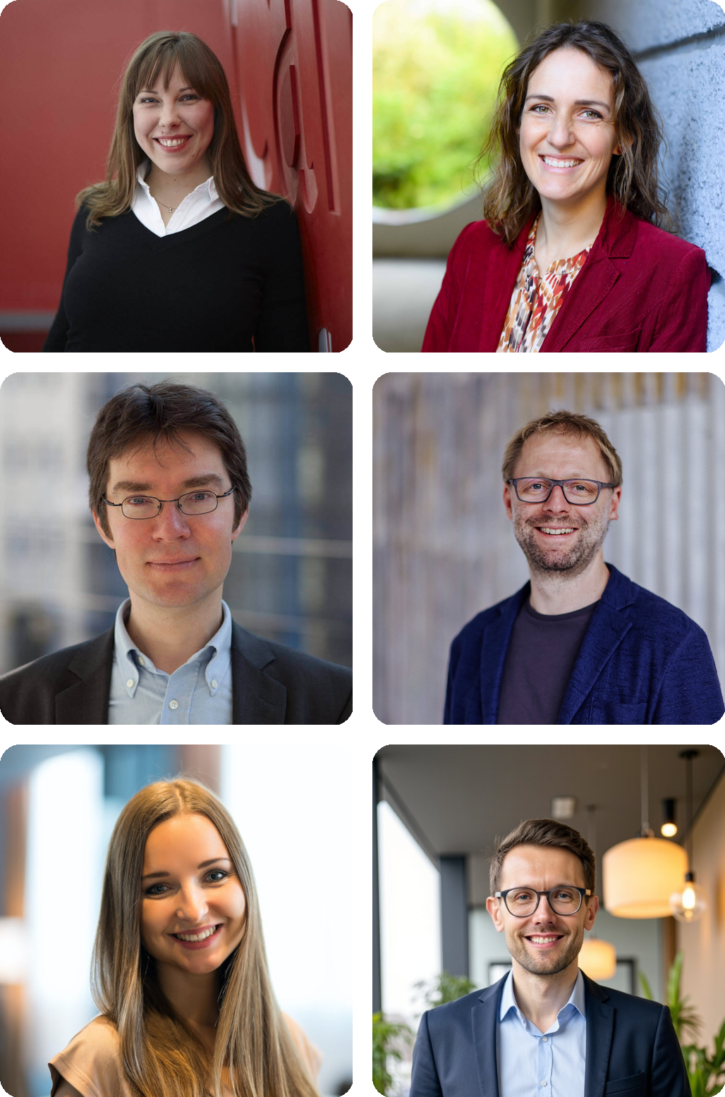 Porträtcollage eines professionellen Teams mit sechs lächelnden Mitarbeitenden in modernen Büro- und Außensettings.