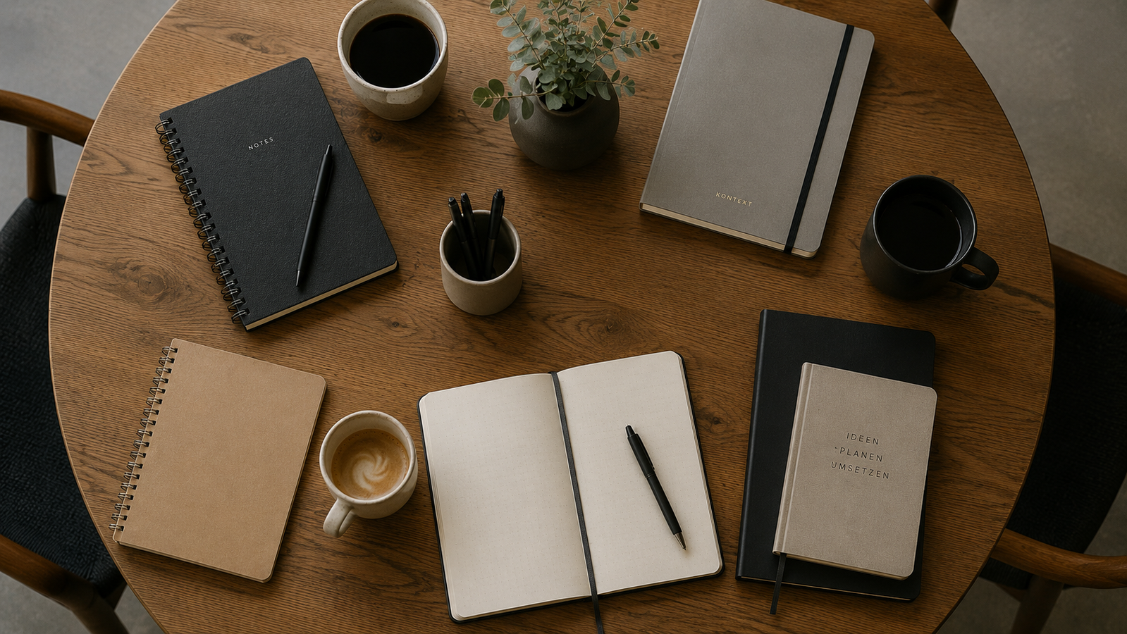 Runder Tisch mit mehreren Notizb&uuml;chern und Kaffeetassen von oben fotografiert.

