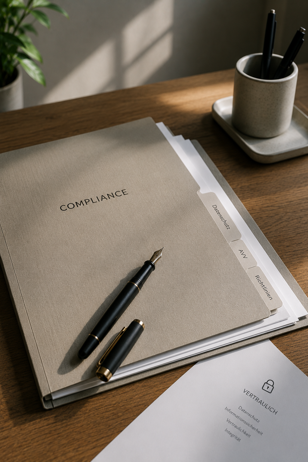 Aktenmappe mit Dokumenten und F&uuml;ller im Tageslicht.