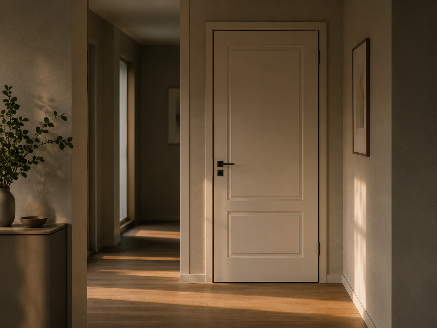 Geschlossene Tür in einem ruhigen Flur mit warmem Licht.