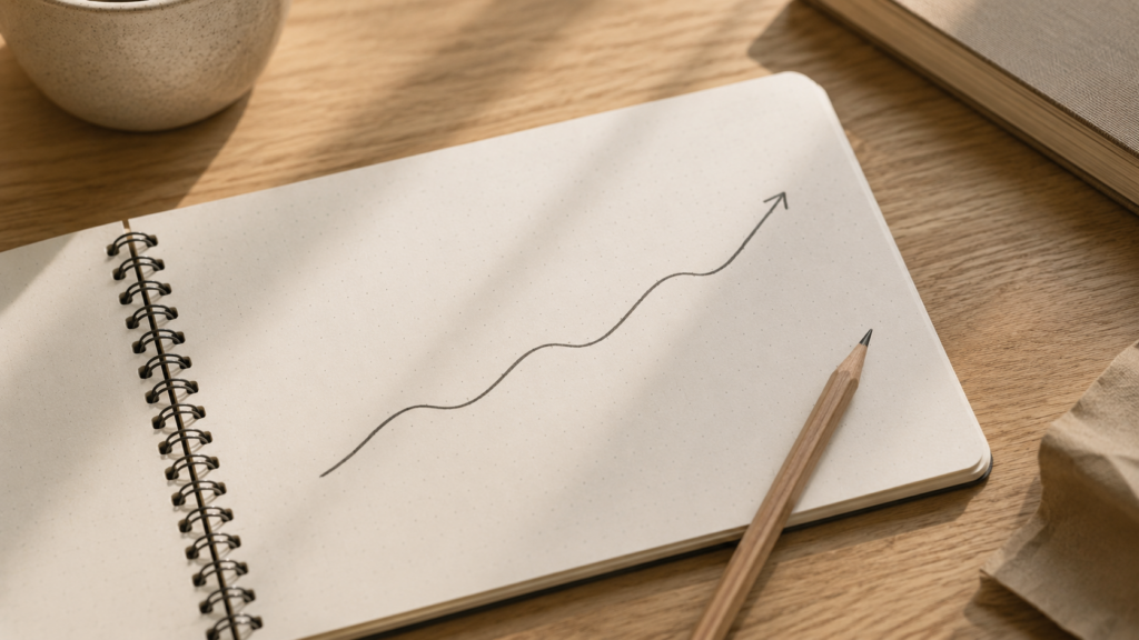 Notizbuch mit handgezeichneter Linie und Stift.