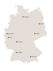 Karte Deutschlands mit den sieben Coaching-Städten.