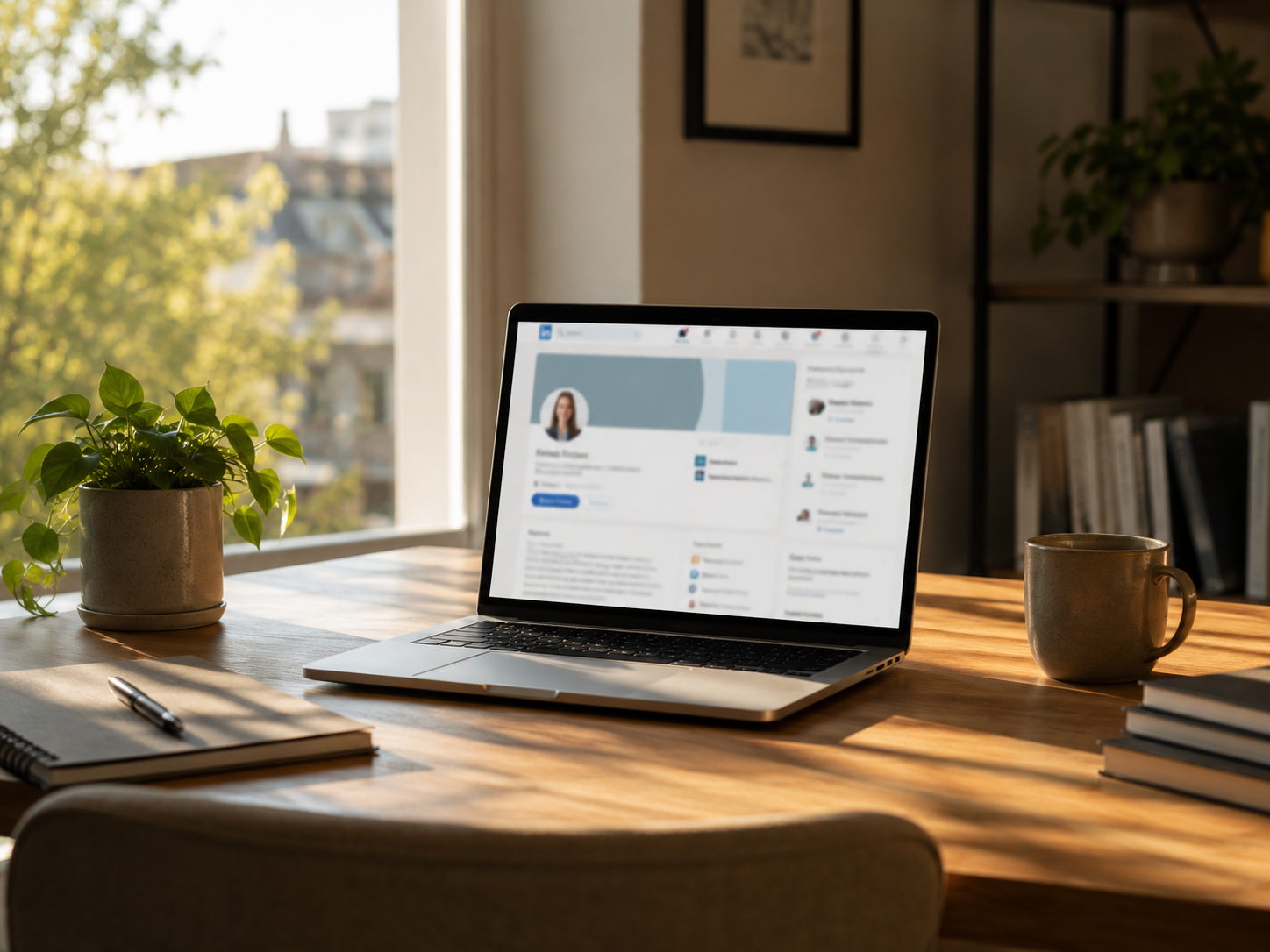 Laptop-Bildschirm mit einem Online-Profil im warmen Licht.
