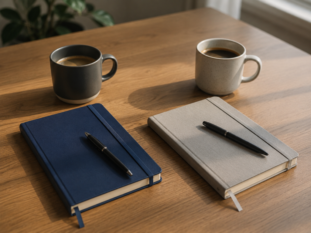 Zwei Notizb&uuml;cher und zwei Kaffeetassen auf einem Holztisch in warmer, ruhiger Atmosph&auml;re als Symbol f&uuml;r Zusammenarbeit und Vorbereitung