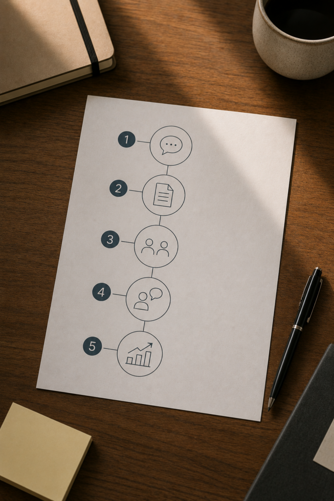 Minimalistische Prozessgrafik mit f&uuml;nf Symbolen auf einem Dokument auf Holztisch neben Notizb&uuml;chern und Kaffeetasse bei warmem Licht.