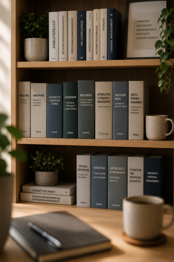 Bücherregal mit Fachliteratur und Kaffeetasse vor einem Schreibtisch.