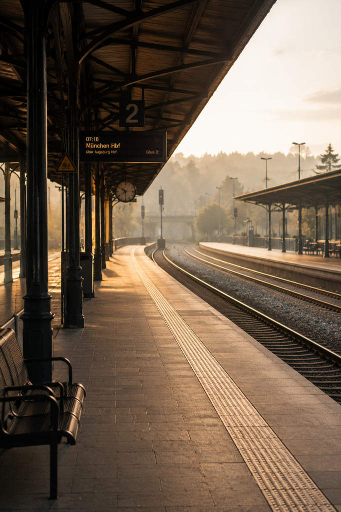 Bahnsteig im weichen Morgenlicht.