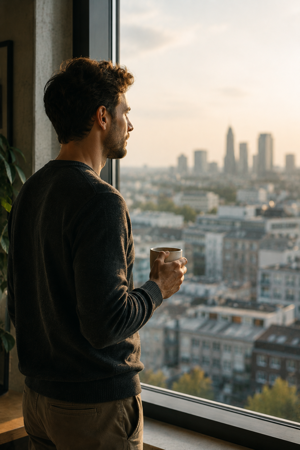 Person im Profil am Fenster mit Stadtblick und Tasse in der Hand.
