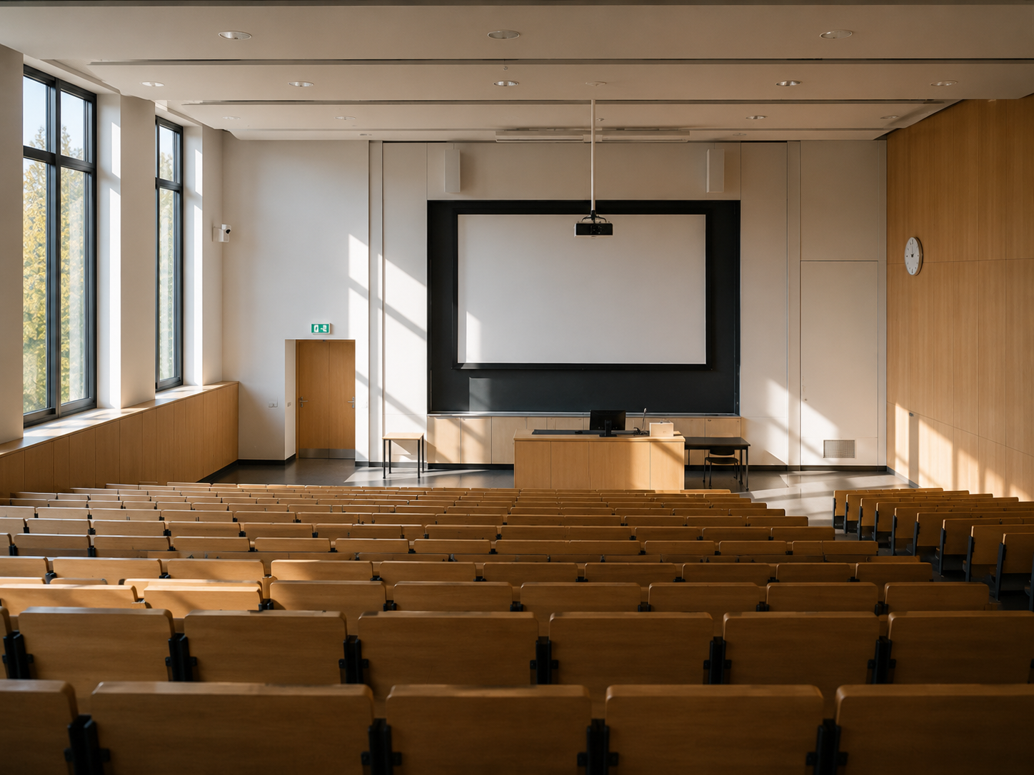 Fast leerer Universit&auml;ts-H&ouml;rsaal mit warmem Tageslicht und ruhiger Atmosph&auml;re aus der hinteren Perspektive