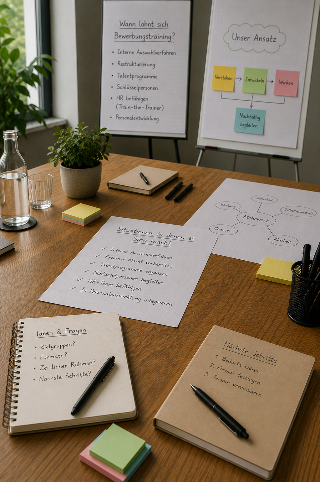 Workshop-Tisch mit Notizb&uuml;chern, Flipchart-Papieren und handschriftlichen Notizen zur Planung eines Bewerbungstrainings f&uuml;r Unternehmen in warmer B&uuml;roatmosph&auml;re