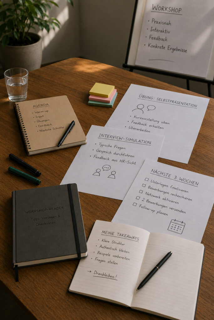 Workshop-Tisch mit Notizbüchern, Stiften und Flipchart-Papier.