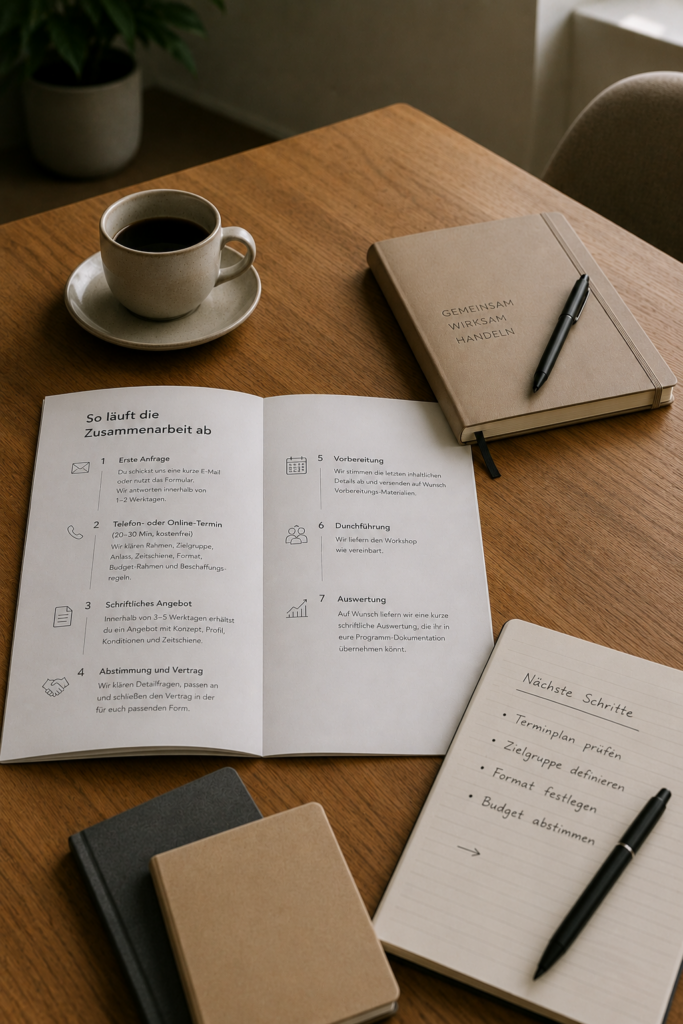 Arbeitsplatz mit Notizbüchern, Kaffee und Unterlagen zur Planung eines Hochschul-Workshops auf einem Holztisch bei warmem Tageslicht