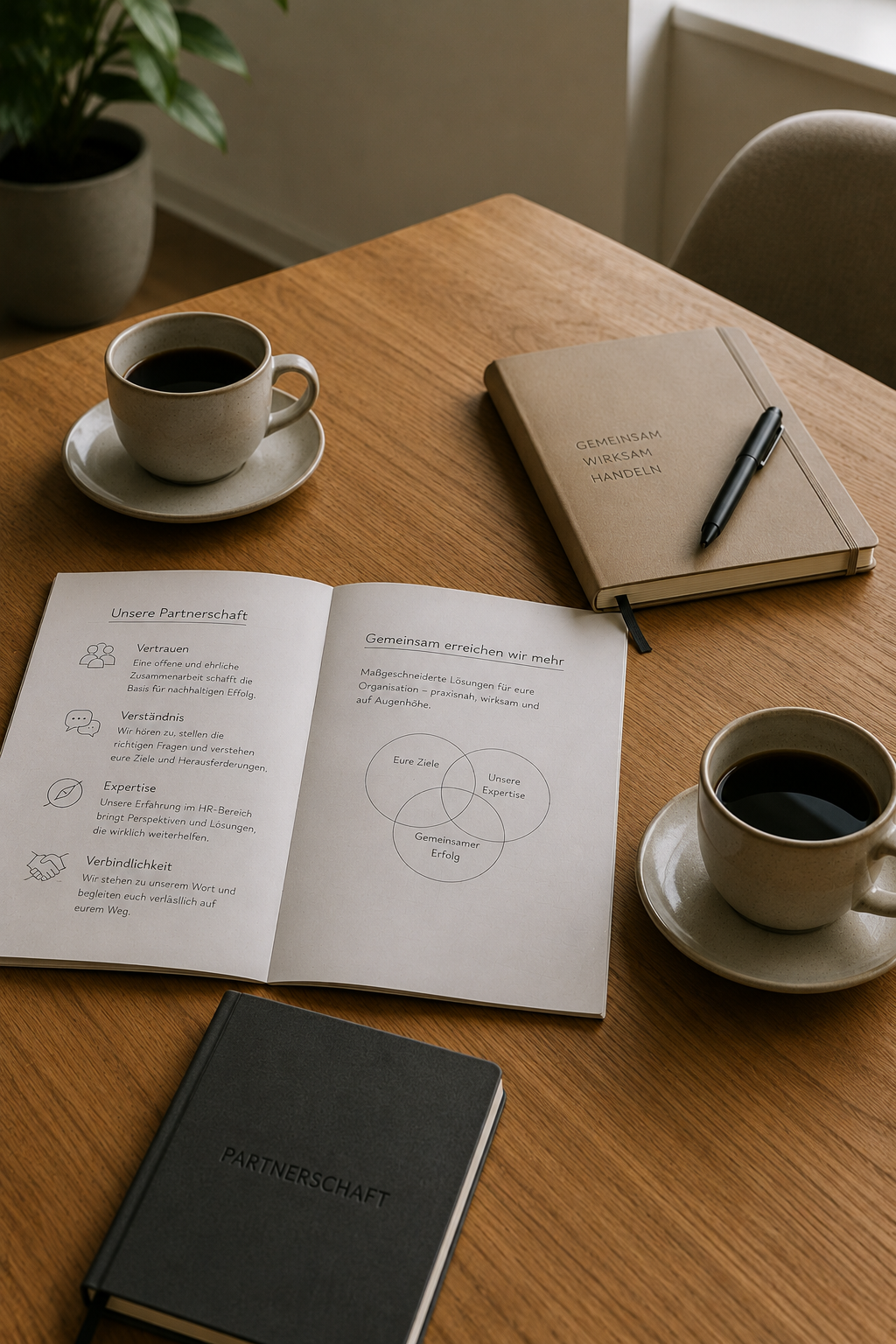 Zwei Notizb&uuml;cher, zwei Kaffeetassen und ein offenes Dokument auf einem Besprechungstisch.